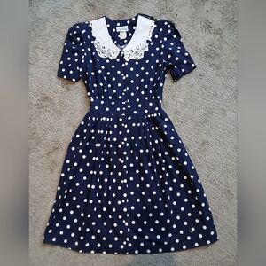 Vintage Miss Dorby Navy Polka Dot 100% Cotton Midi Dress Crochet Lace Collar